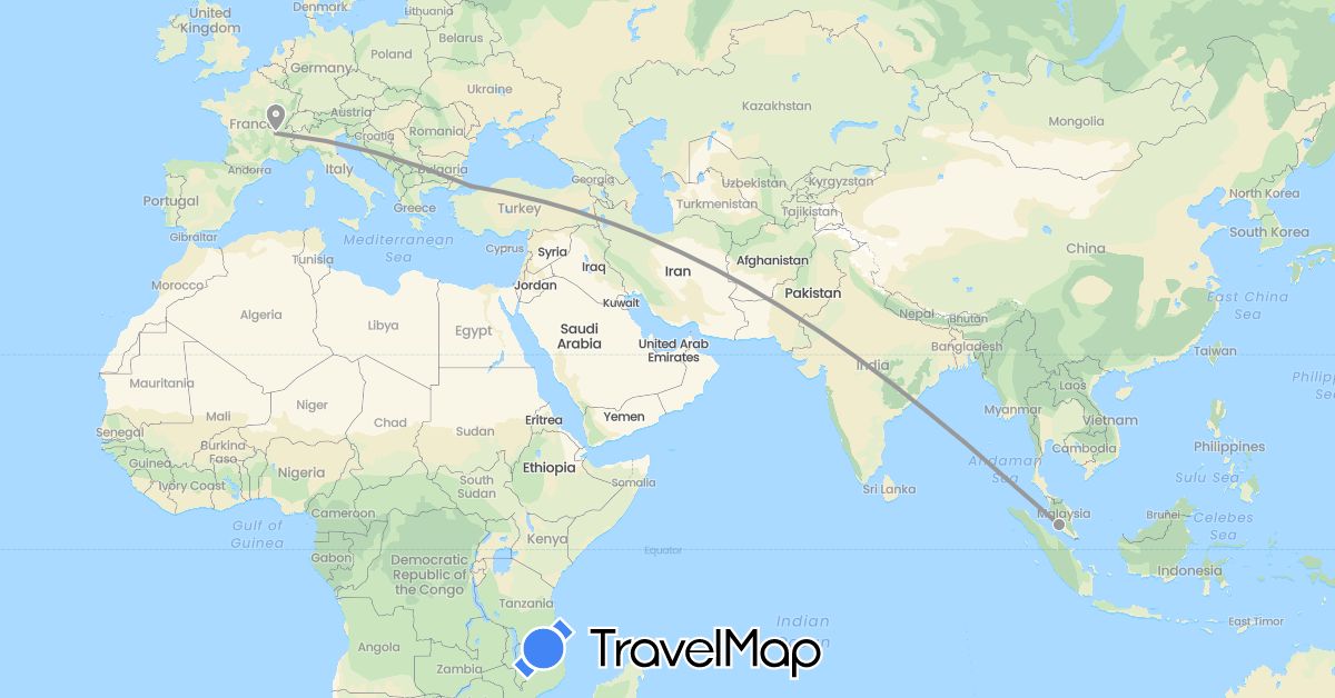 TravelMap itinerary: driving, plane in France, Malaysia, Turkey (Asia, Europe)